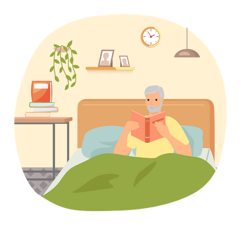 Aged man reading book in bed  Illustration