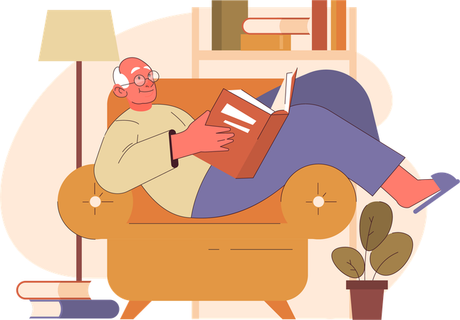 Aged man reading book while sitting on couch  Illustration