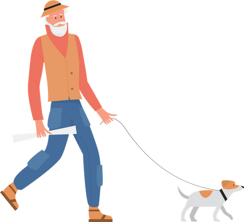 Aged man walking with dog  Illustration
