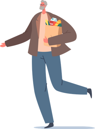 Aged man walking with grocery bag  Illustration