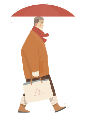 Aged Man Walking with umbrella and bag Illustration