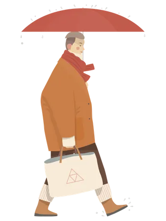 Aged Man Walking with umbrella and bag Illustration
