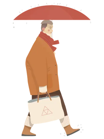 Aged Man Walking with umbrella and bag  Illustration