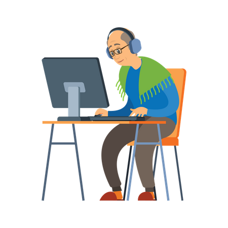 Aged man working on laptop Illustration