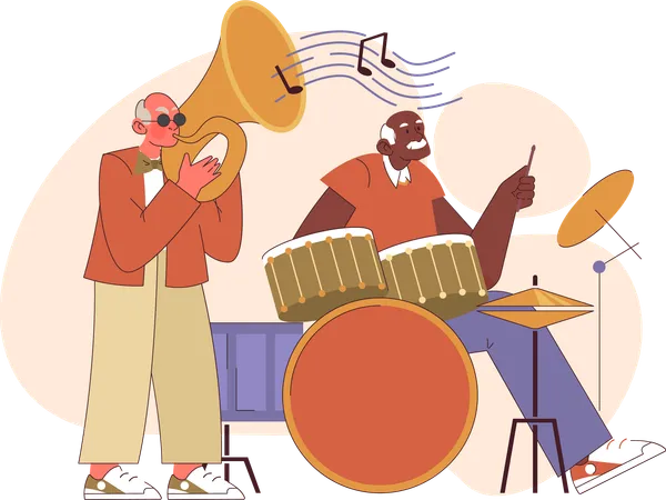 Aged men playing instrument in band  Illustration