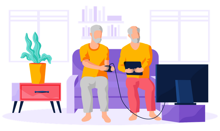 Aged men playing video game Illustration