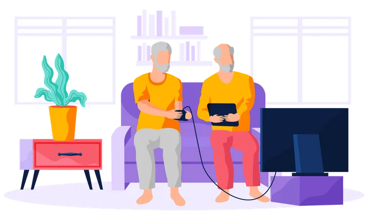 Aged men playing video game Illustration