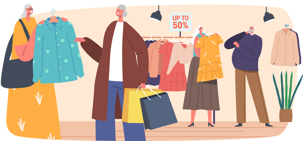 Aged people doing clothes shopping Illustration