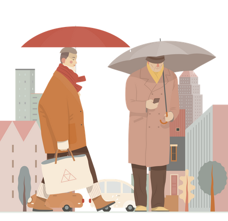 Aged People holding umbrella in rain Illustration
