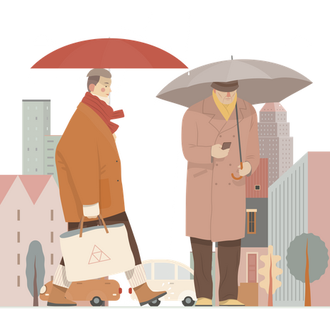 Aged People holding umbrella in rain  Illustration