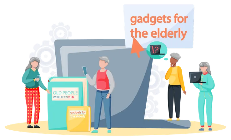 Aged people learning smart devices Illustration