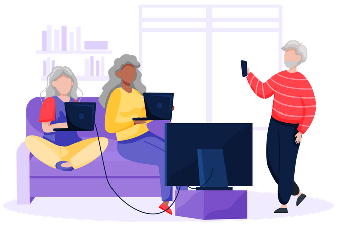 Aged people using computer and technology  Illustration