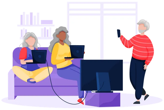 Aged people using computer and technology  Illustration