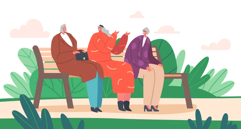 Trendy Grandmothers Communicate On Bench Senior Friends Female Characters Sitting In Park Or House Yard Chatting Share Gossips Old Women Outdoor Sparetime Relax Cartoon People Vector Illustration Illustration