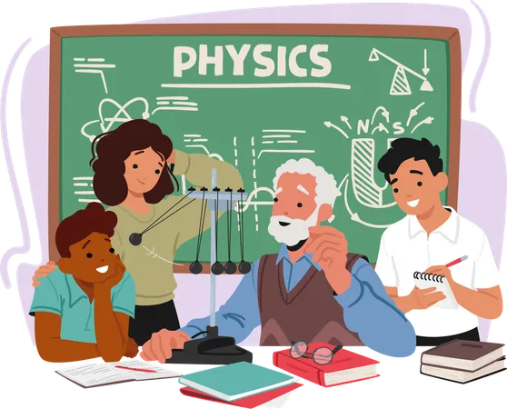 Aged Physics Teacher Character Passionately Imparts Wisdom To Eager Kids In A Classroom Adorned With Equations And Scientific Wonders Fostering Curiosity Cartoon People Vector Illustration Illustration