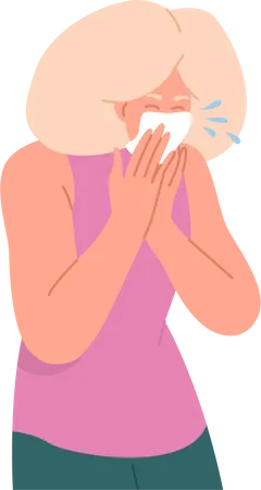 Aged sick woman sneezing into handkerchief  Illustration