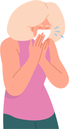 Aged sick woman sneezing into handkerchief  Illustration