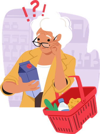 Aged woman buyer reading composition on milk pack while shopping in supermarket  Illustration