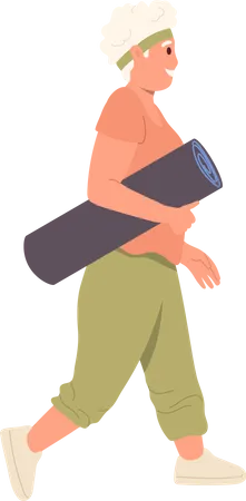 Aged woman carrying fitness mat training accessory Illustration
