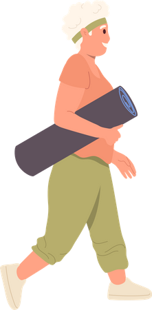 Aged woman carrying fitness mat training accessory  Illustration