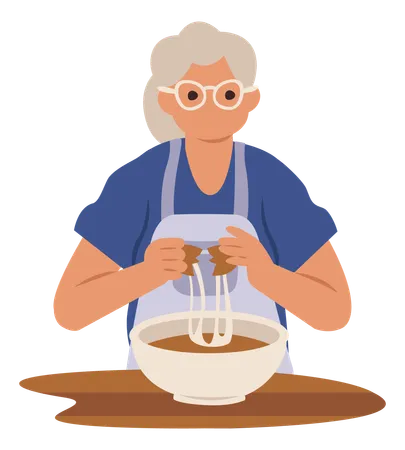 Aged woman cooking  Illustration