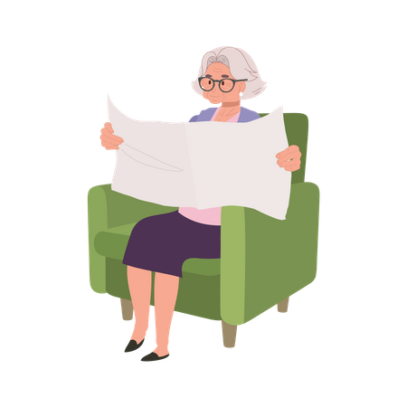Aged Woman Enjoying Tranquil Reading of Newspaper on Cozy Couch  イラスト