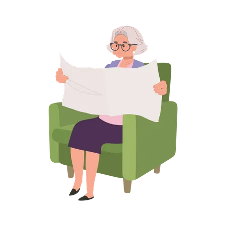 Aged Woman Enjoying Tranquil Reading of Newspaper on Cozy Couch  Illustration