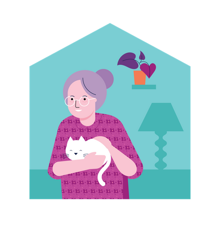 Aged woman holding cat Illustration