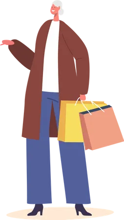Single Senior Female Character Wear Trendy Clothes Holding Shopping Bags Isolated On White Background Mature Positive Woman Grandmother Aged Happy Person Cartoon People Vector Illustration Illustration