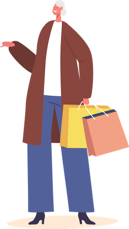 Aged woman holding shopping bags  Illustration