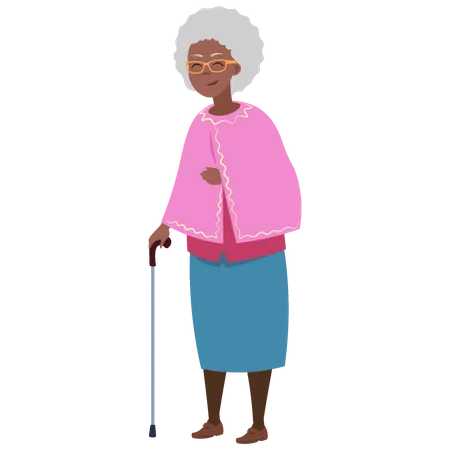 Aged woman holding stick Illustration