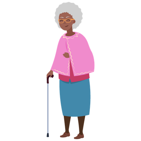 Aged woman holding stick  Illustration