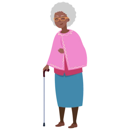 Aged woman holding stick  Illustration