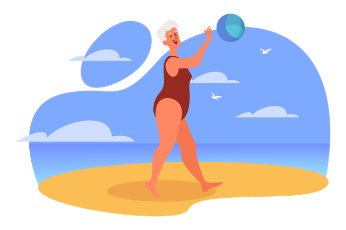 Aged woman playing volleyball Illustration