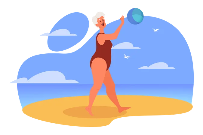 Happy And Active Senior Spending Time On The Beach Retired Woman On Her Summer Vacation Old Lady In A Swimsuit Playing A Volleyball Vector Illustration In Cartoon Style Illustration