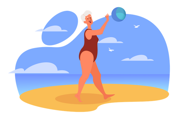 Aged woman playing volleyball  Illustration