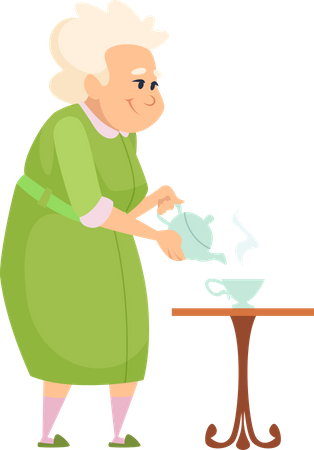 Aged woman pouring tea  Illustration