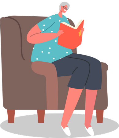 Aged woman reading book during freetime Illustration