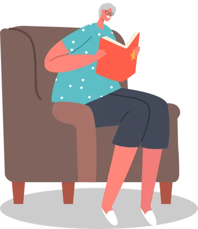 Aged woman reading book during freetime  Illustration