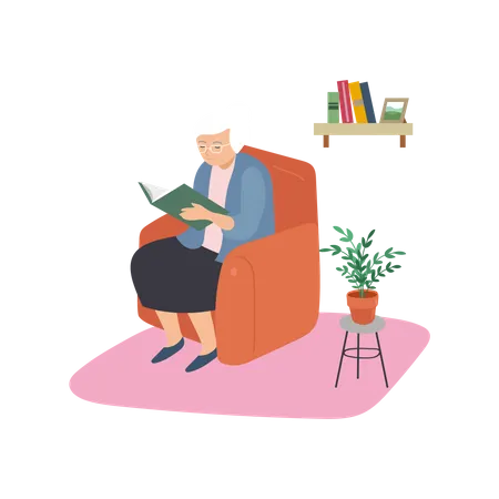 Aged woman reading book  Illustration