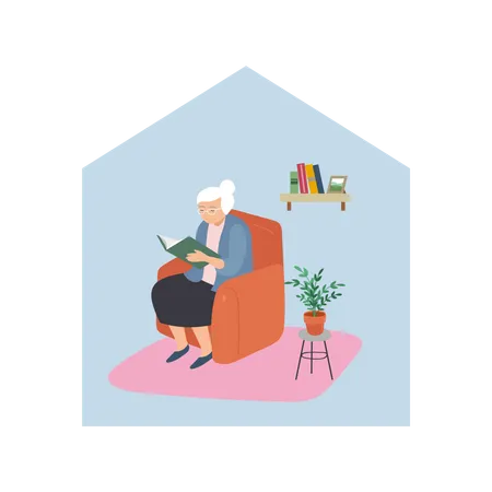 Aged woman reading book in home Illustration