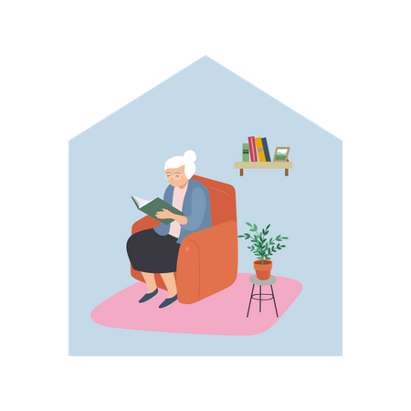 Aged woman reading book in home  Illustration