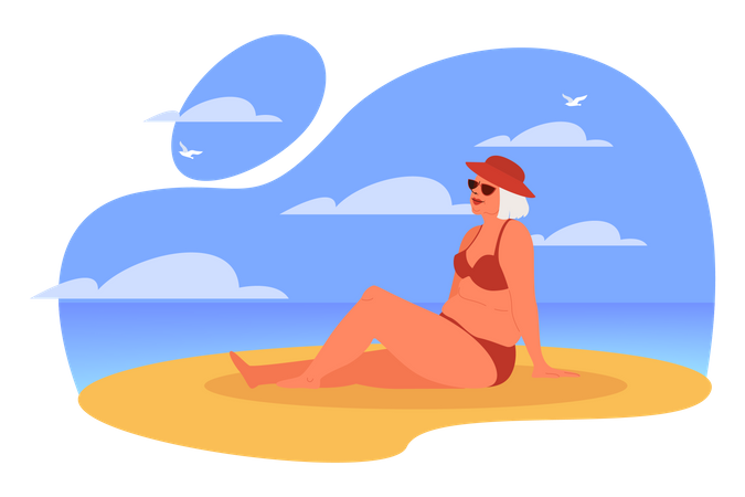 Aged woman relaxing on beach Illustration