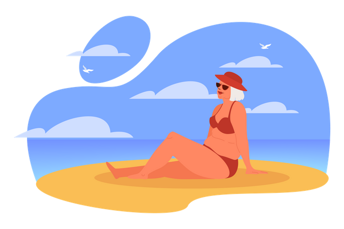 Aged woman relaxing on beach  Illustration