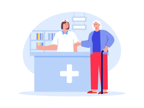 Aged woman talking to hospital receptionist  イラスト