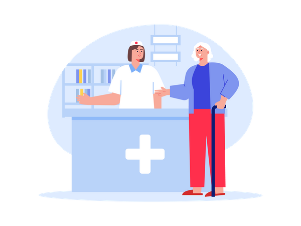 Aged woman talking to hospital receptionist  Illustration