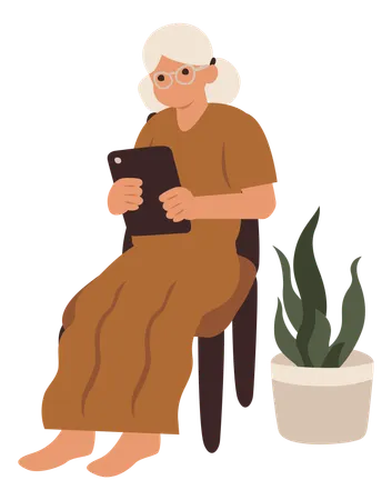 Aged Woman using tablet  Illustration