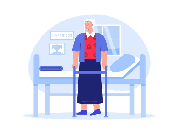 Aged woman using walker  Illustration