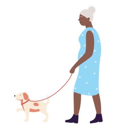 Aged woman walking with dog  Illustration