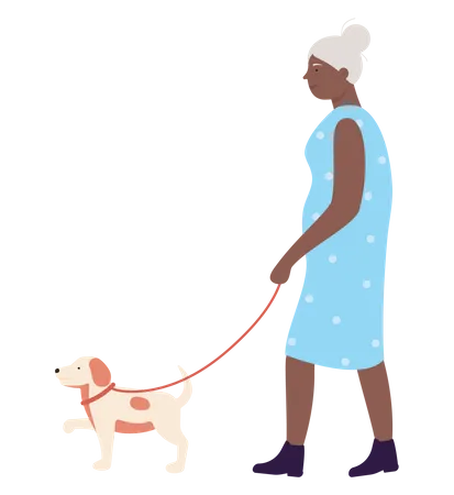 Aged woman walking with dog  Illustration